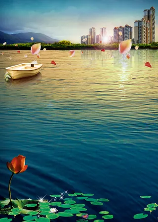 花瓣小船河面背景素材高清