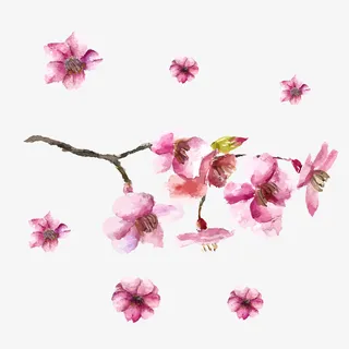水彩绘红色桃花树枝免抠