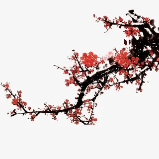 水墨红色梅花花枝免抠