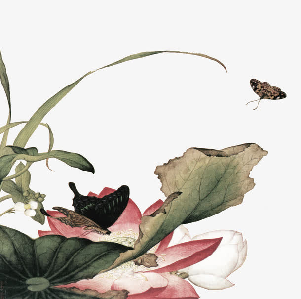 中国画荷花池蝴蝶毛笔字免抠