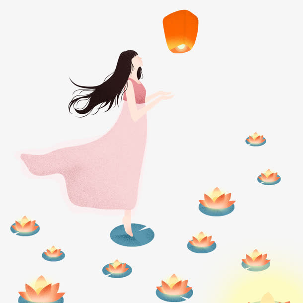 中秋放天灯插画海报免抠