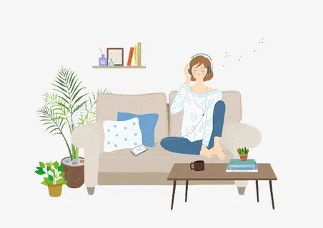 手绘在沙发上休息的女孩免抠