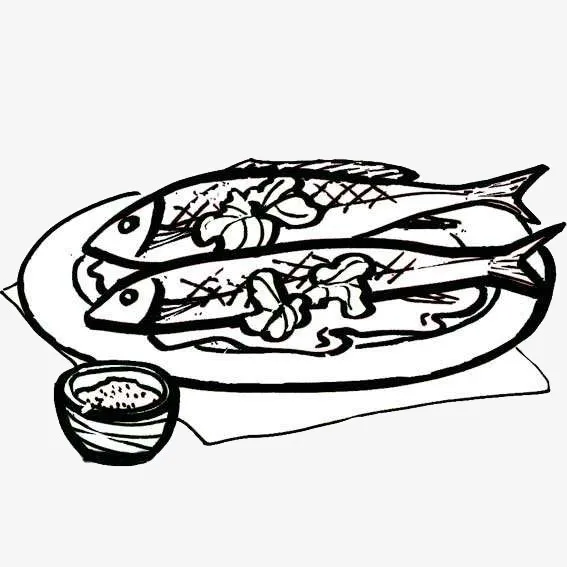手绘风格吃烤鱼场景简笔画免抠