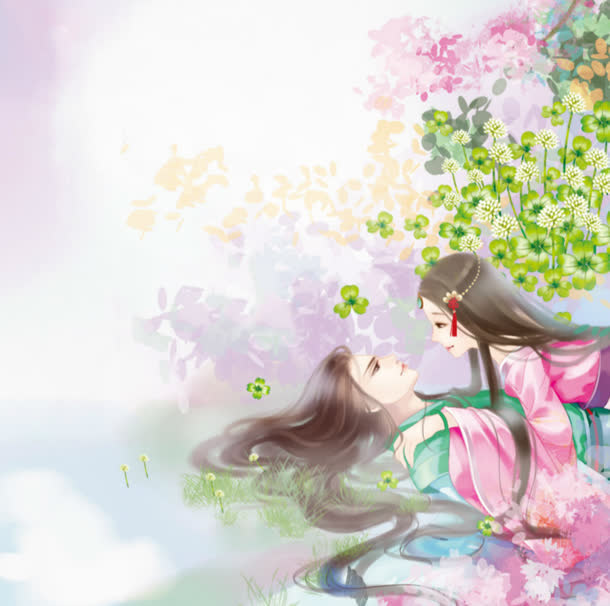 手绘花丛里的两个人免抠