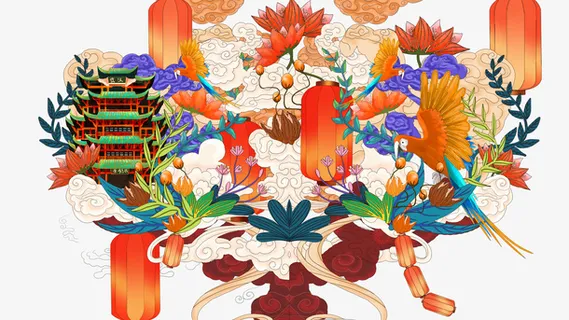 仙鹤鹦鹉国潮对称免抠