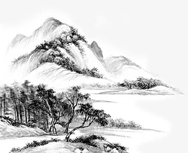 创意手绘水彩山水风景画免抠