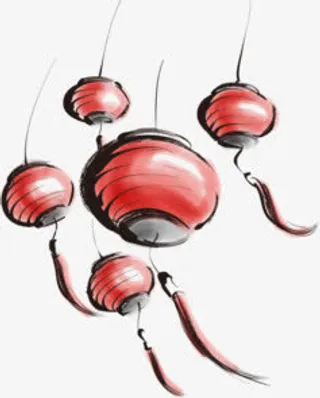 手绘红色新年水墨灯笼免抠