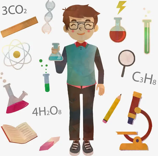 手绘水彩化学专业男学生免抠