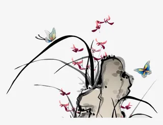 山水花鸟蝴蝶假山装饰图免抠