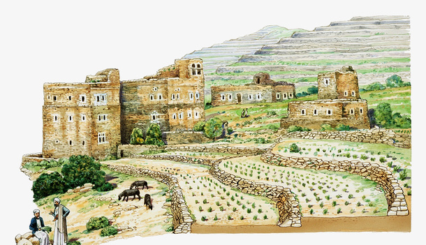 手绘彩铅农田梯田插画免抠