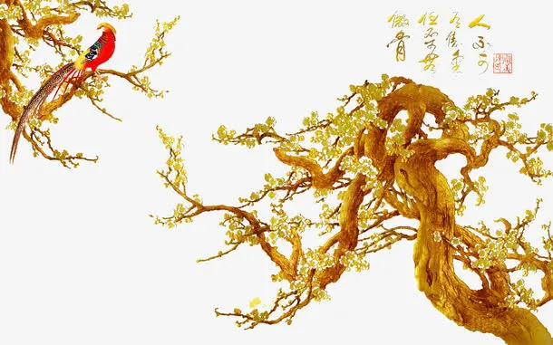 金色梅花和小鸟免抠