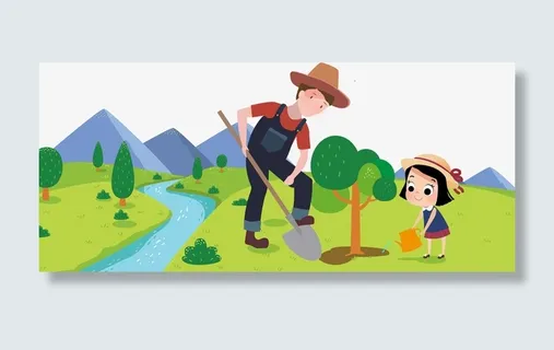 父女俩植树种树免抠