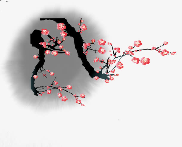 美丽唯美水墨风格枝头梅花素材免抠