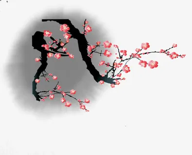 美丽唯美水墨风格枝头梅花素材免抠