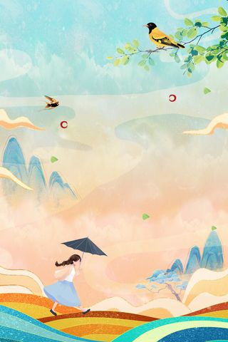 卡通人物春天鸟树枝元素图高清