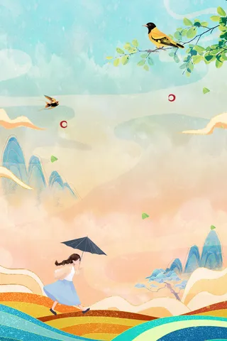 卡通人物春天鸟树枝元素图高清