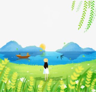 绿色清新唯美春游踏青女孩背景免