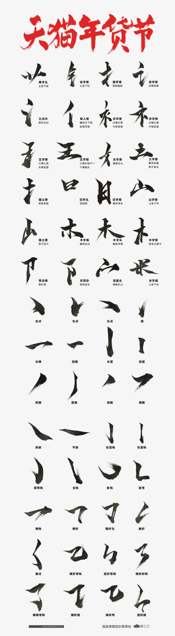 天猫年货节毛笔笔画锦集免抠