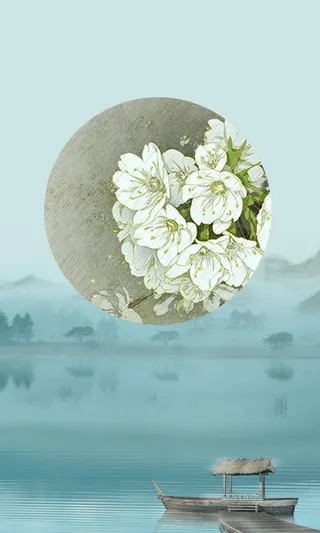 中国风小屋花卉雨水海报PSD背景图高清