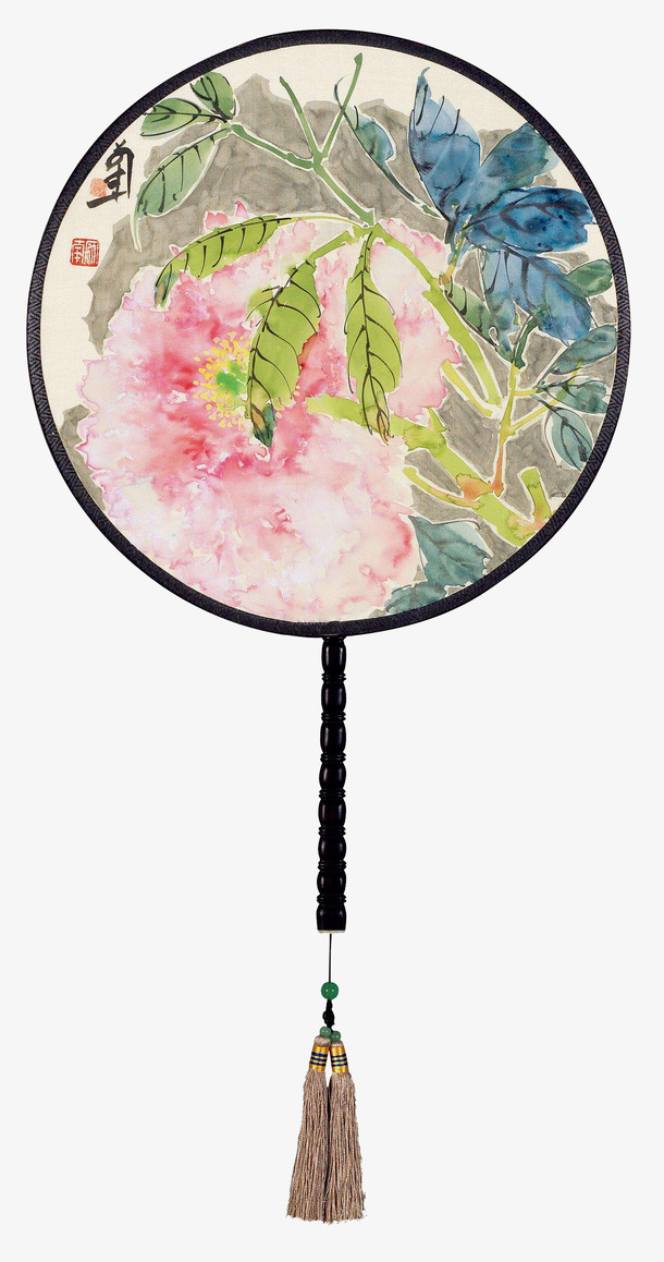 实物手绘团扇牡丹免抠