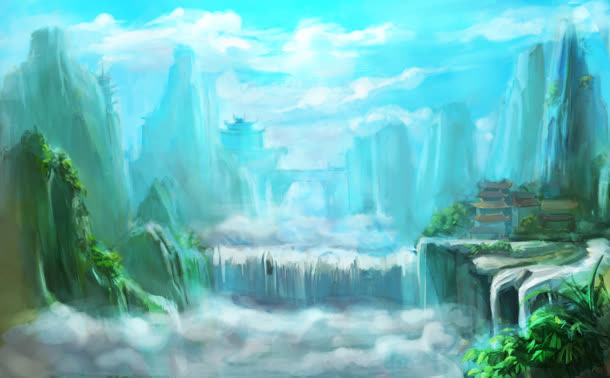 仙境风景山水壁画免抠