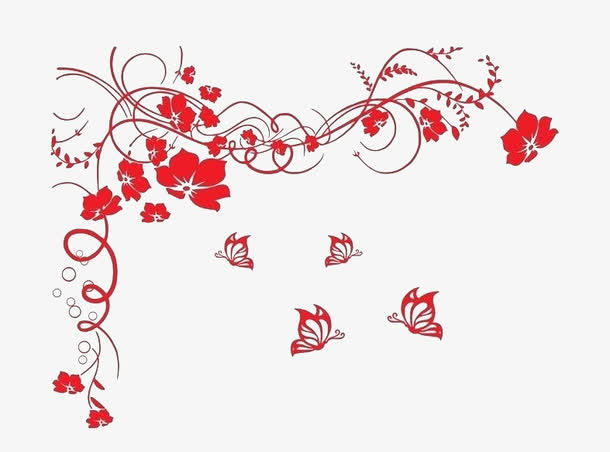 红色花边和飞舞的蝴蝶免抠