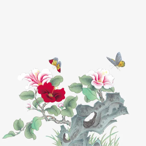 古风彩绘蝴蝶白花红花山石免抠