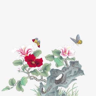古风彩绘蝴蝶白花红花山石免抠