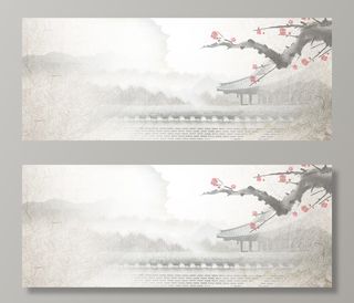中国风水墨淡色梅花亭台楼阁背景高清复古中国风背景