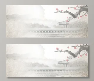 中国风水墨淡色梅花亭台楼阁背景高清复古中国风背景