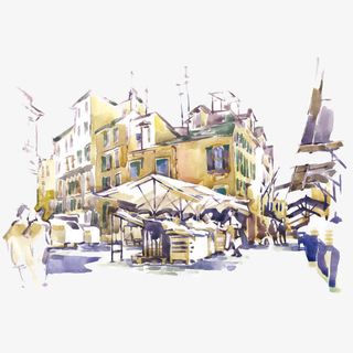 矢量手绘水彩城市街道素材免抠