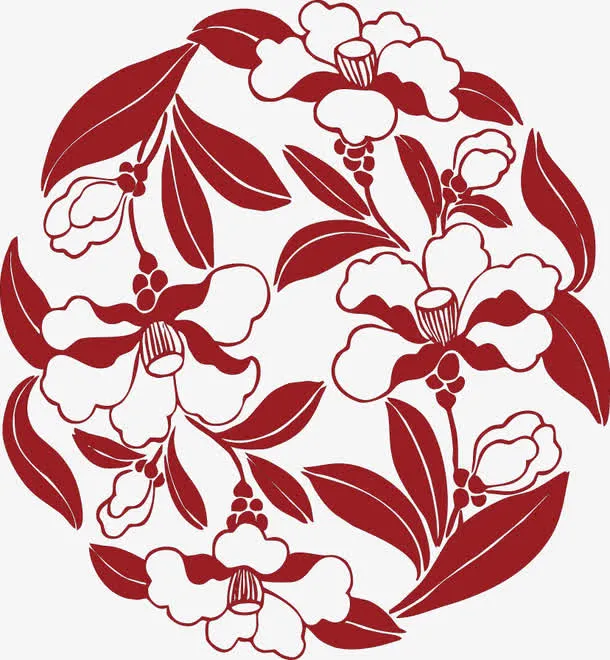 红色中国春节花纹免抠