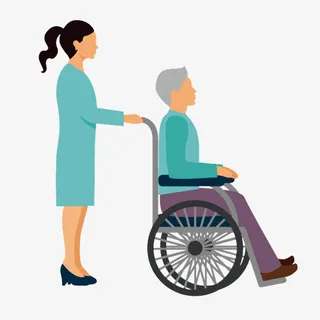 手绘卡通护士推着病人关爱残疾人免抠