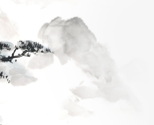 灰色水墨画山峰树枝免抠