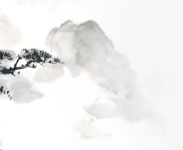 灰色水墨画山峰树枝免抠