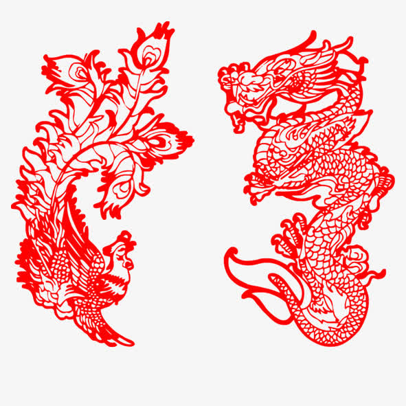 红色剪纸龙凤免抠