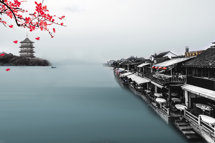 中国风湖边的古镇宝塔梅花背景素材高清
