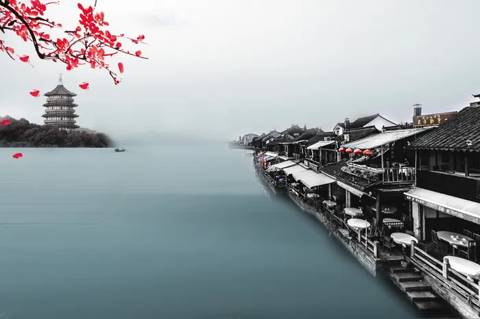 中国风湖边的古镇宝塔梅花背景素材高清