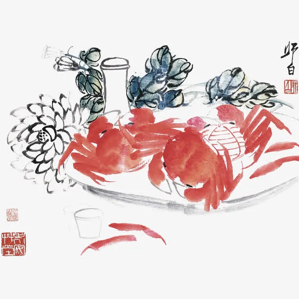 水墨画菊花和蟹免抠