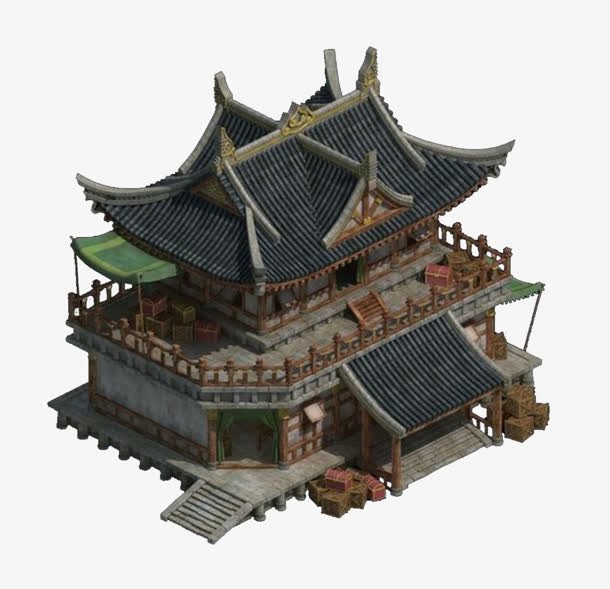 古建筑透明游戏原画免抠