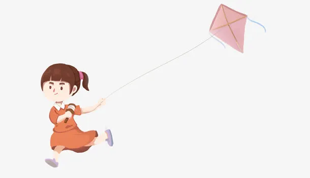 手绘插画放风筝奔跑的小女孩免抠