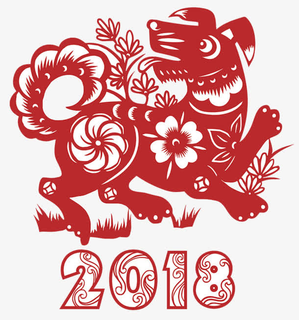 免抠中国风红色狗年剪纸免抠