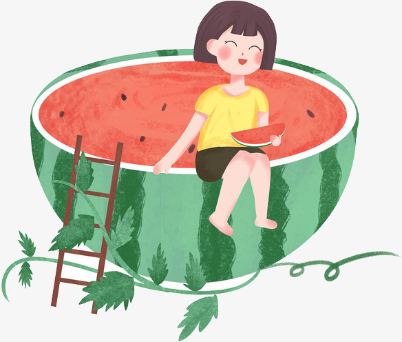 手绘卡通吃西瓜女孩夏天免抠