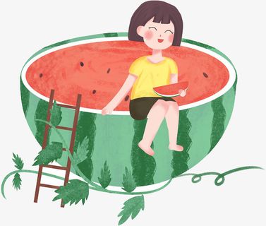 手绘卡通吃西瓜女孩夏天免抠