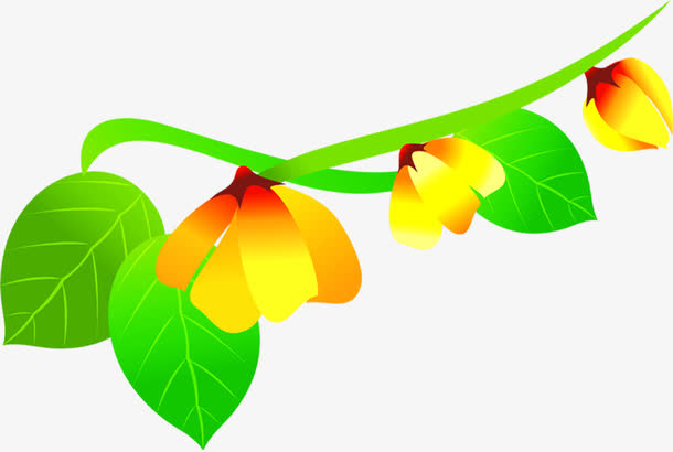 卡通绿叶绿枝黄色花朵花枝免抠