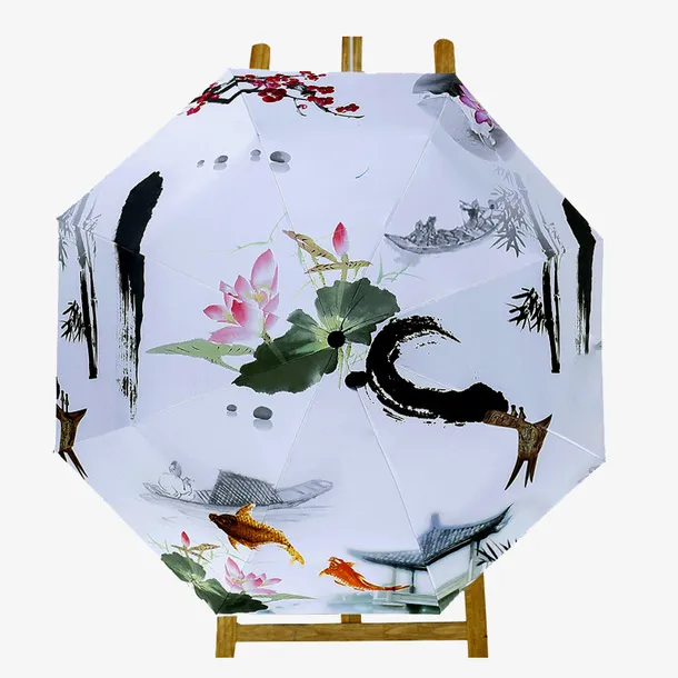 锦鲤湖畔古韵水墨伞免抠