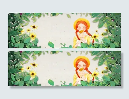 盛夏文艺绿叶手绘女孩小清新背景高清