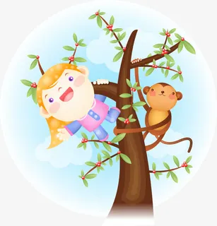 爬在树枝上的小女孩与猴子免抠 爬在树枝上的小女孩与猴子免抠