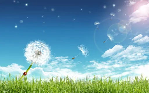 蓝天白云蒲公英绿草地免抠 蓝天白云蒲公英绿草地免抠