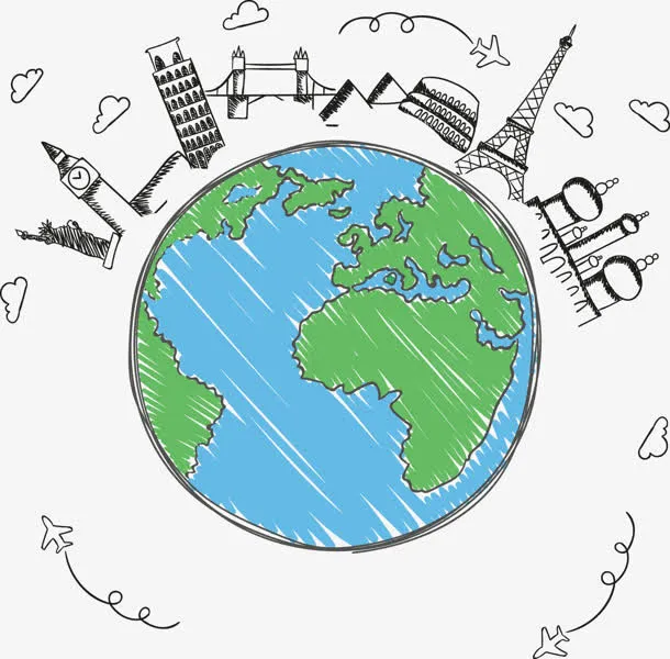 卡通手绘地球地标景点图免抠